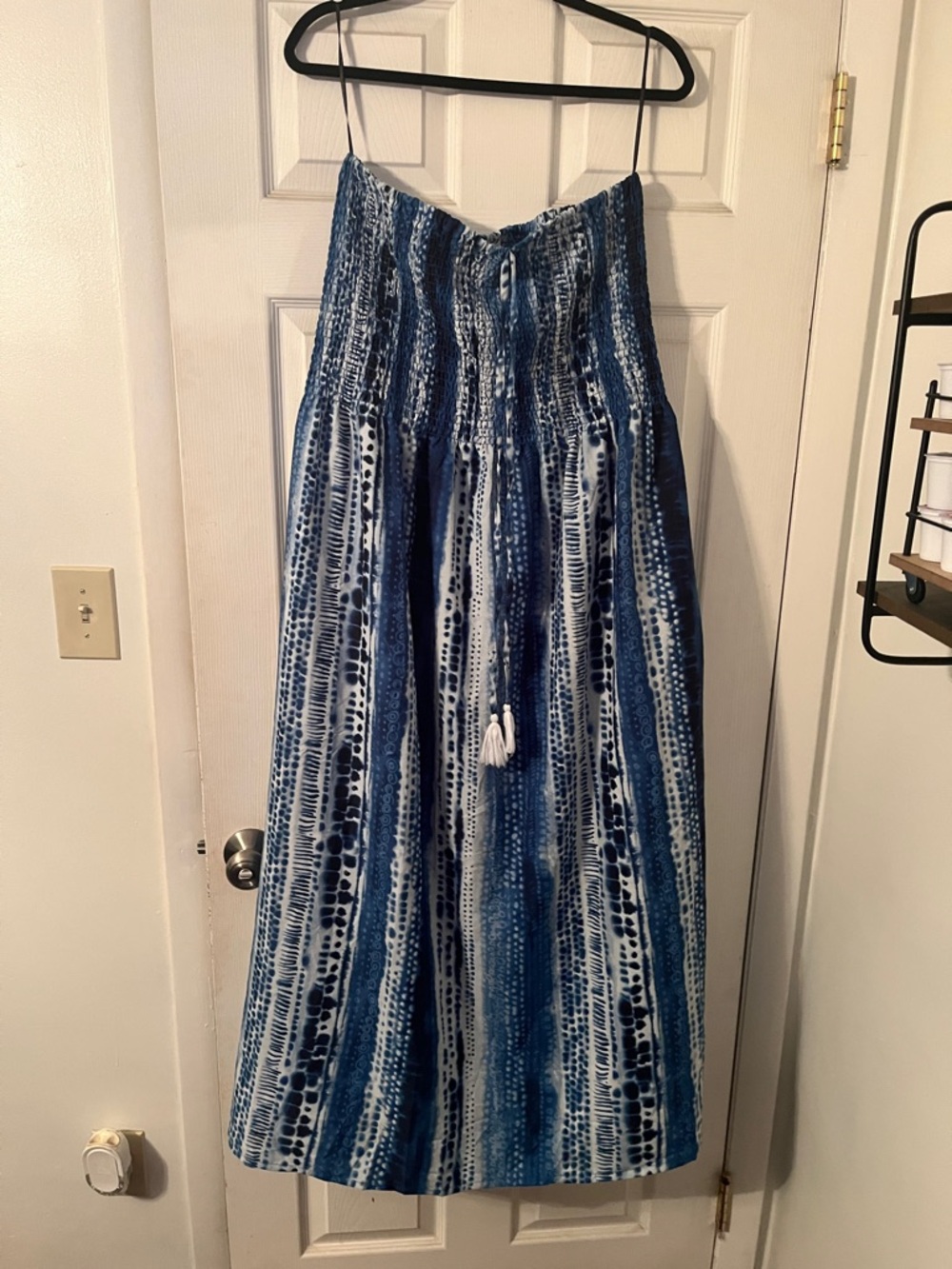 Blue Tie-Dye Strapless Maxi Dress with Smocked Bodice